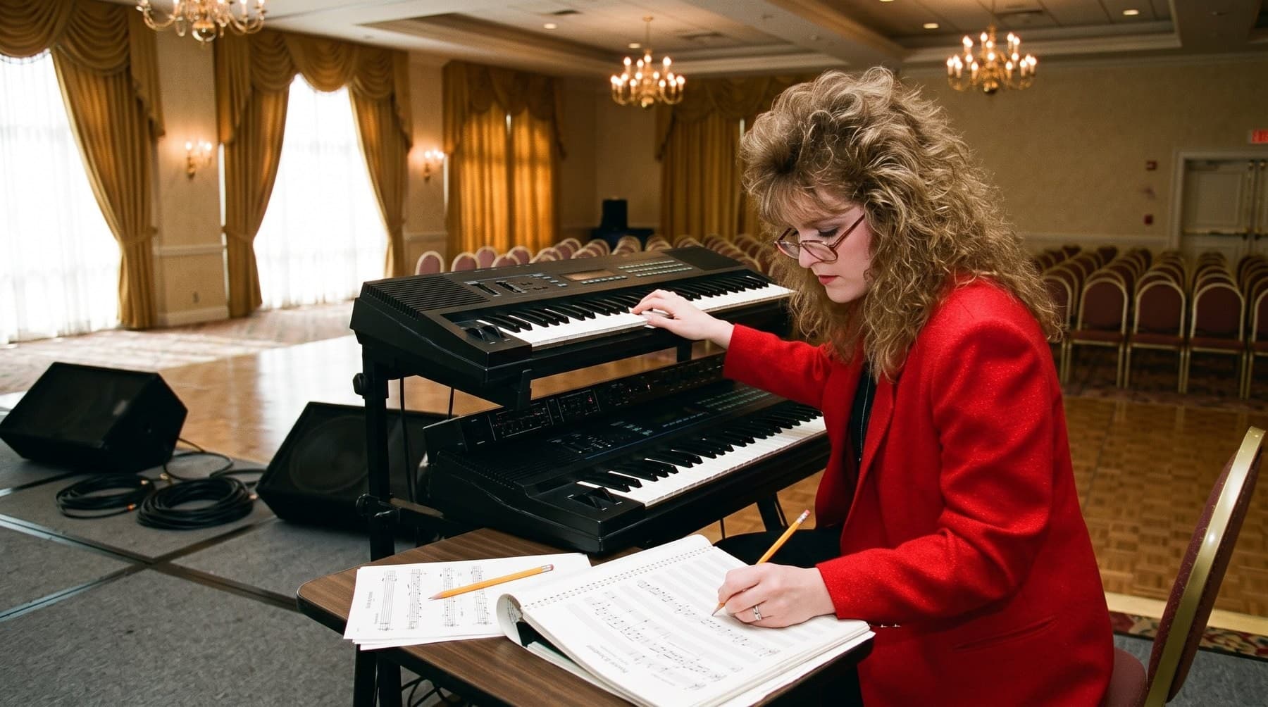 Denise Haldane in a red blazer and glasses at a two-tier synthesizer rack in an empty, chandeliered ballroom, writing on staff paper with a pencil before the doors open