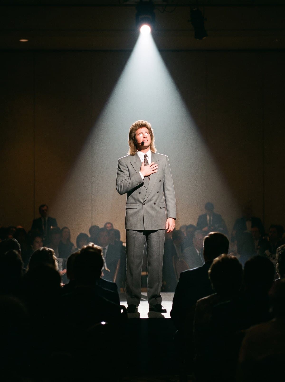 Gary Lindquist in a gray double-breasted suit and headset microphone, alone in a white spotlight on a dark banquet-hall stage, his hand on his heart, the audience in silhouette