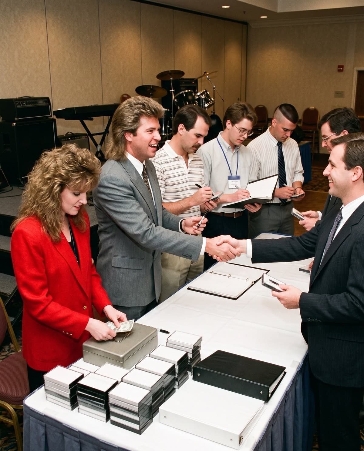 The singer giving a smiling salesman a two-handed handshake across the product table while the keyboard player makes change from the cash box and the rest of the band signs workbooks behind them