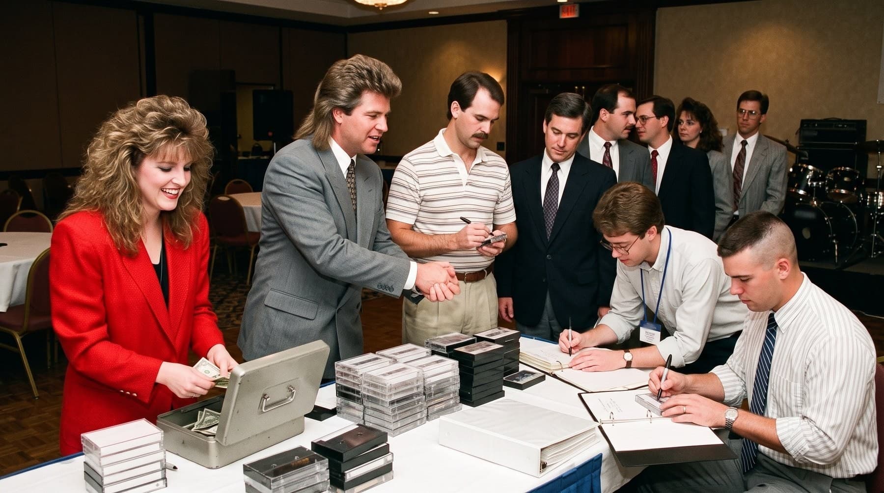 The band behind a skirted table of cassettes and three-ring binders at the back of a ballroom, the keyboard player counting cash from a cash box, the singer shaking a customer's hands, the guitarist and bassist signing cassettes and workbooks for a line of salespeople